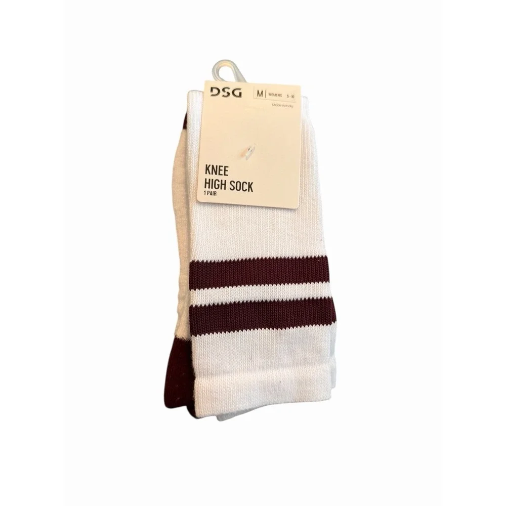 DSG Knee High Socks White Burgundy Striped Women's Medium‎ 5-10 NWT
